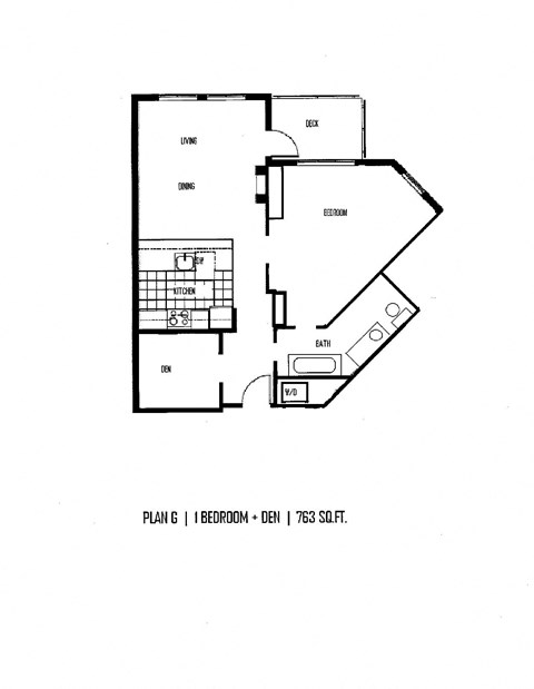 Floor plan for 1 bed, 1 bath, 763 sqft